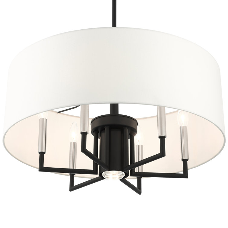 Black Metal Drum Chandelier with White Linen Shade