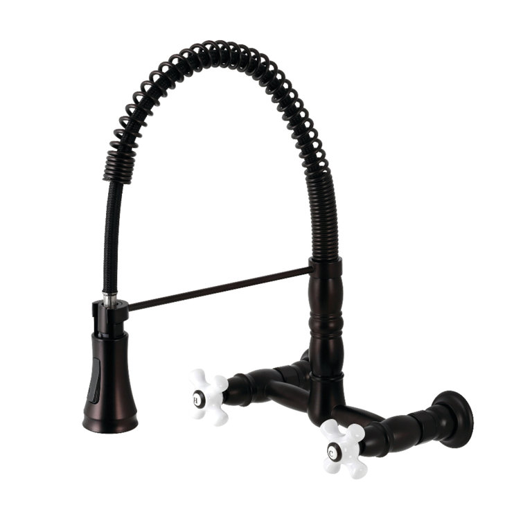 Oil Rubbed Bronze Wall-Mount Kitchen Faucet with Pull-Down Sprayer