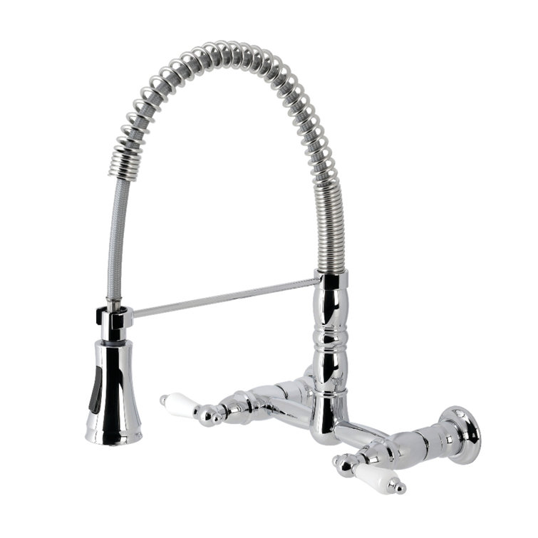Heritage Brass Double-Handle Wall-Mount Kitchen Faucet with Pull-Down Sprayer