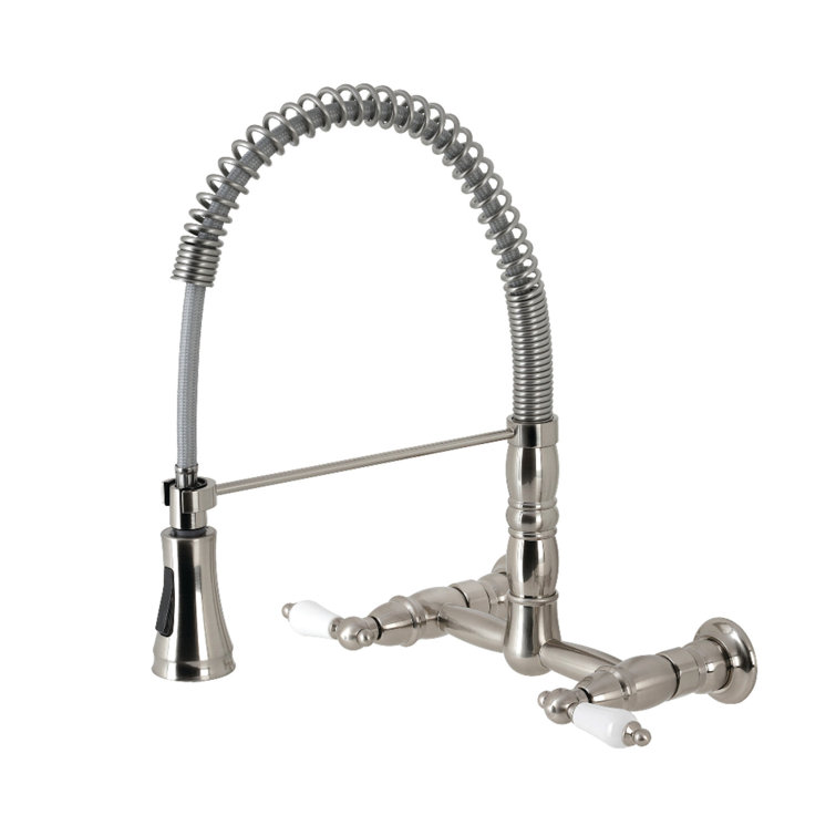 Heritage Brass Double-Handle Wall-Mount Kitchen Faucet with Pull-Down Sprayer