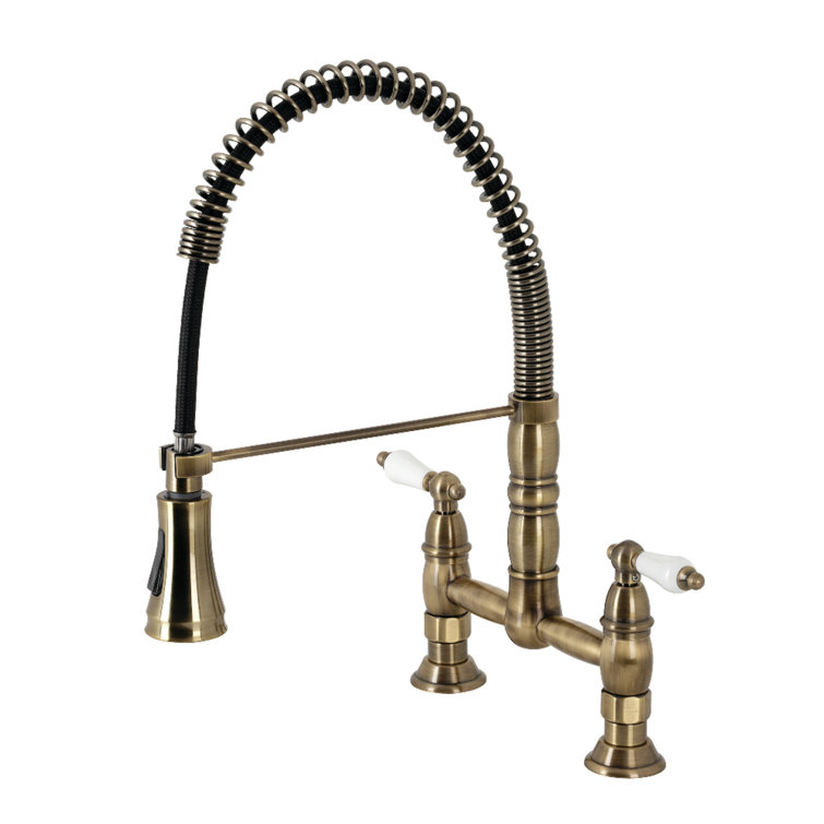 Antique Brass Double-Handle Pull-Down Sprayer Kitchen Faucet