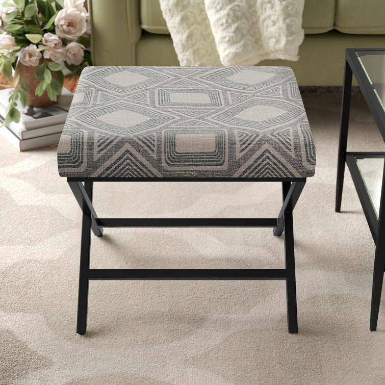 Charcoal Square Geometric Tufted Footstool with Metal X Base