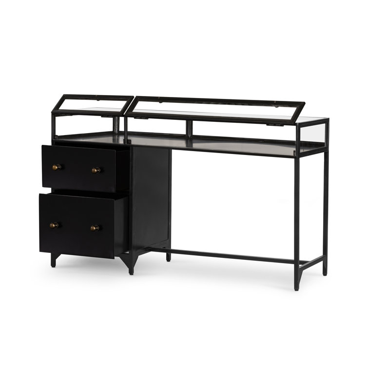 Contemporary Black Iron & Glass Home Office Desk with Drawer