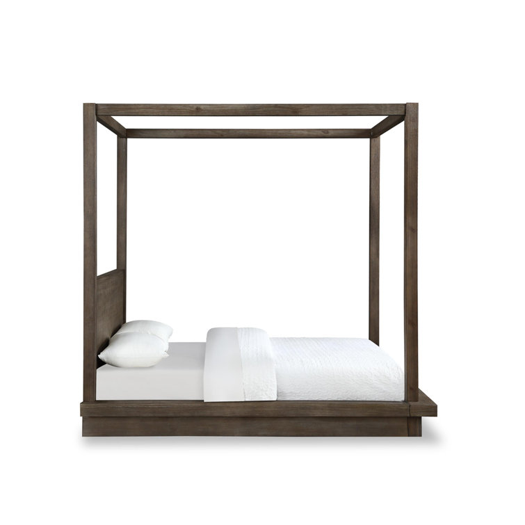 Rustic Dark Pine Queen Canopy Bed with Plinth Base and Storage Drawer