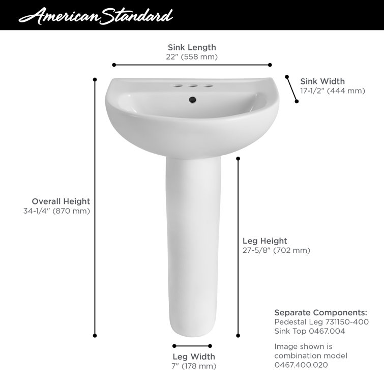 White Ceramic 22'' Pedestal Bathroom Sink with Overflow