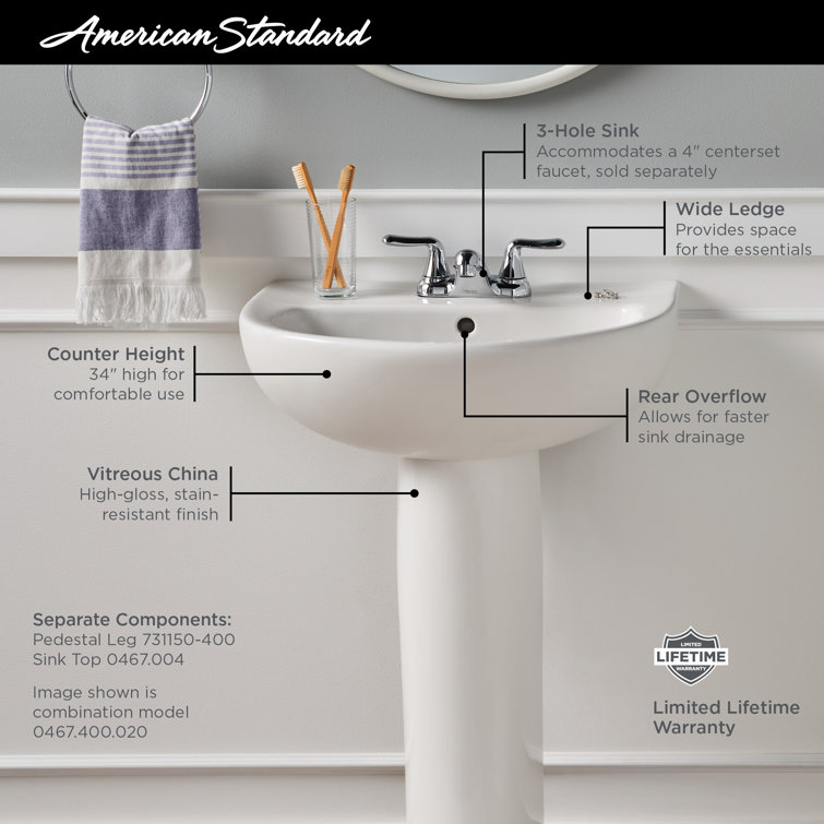 White Ceramic 22'' Pedestal Bathroom Sink with Overflow
