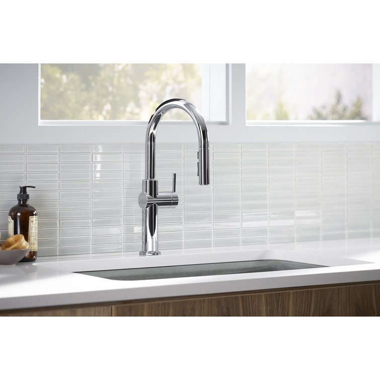 Crue 28.63" Polished Chrome Pull-Down Kitchen Faucet with Three-Function Sprayer