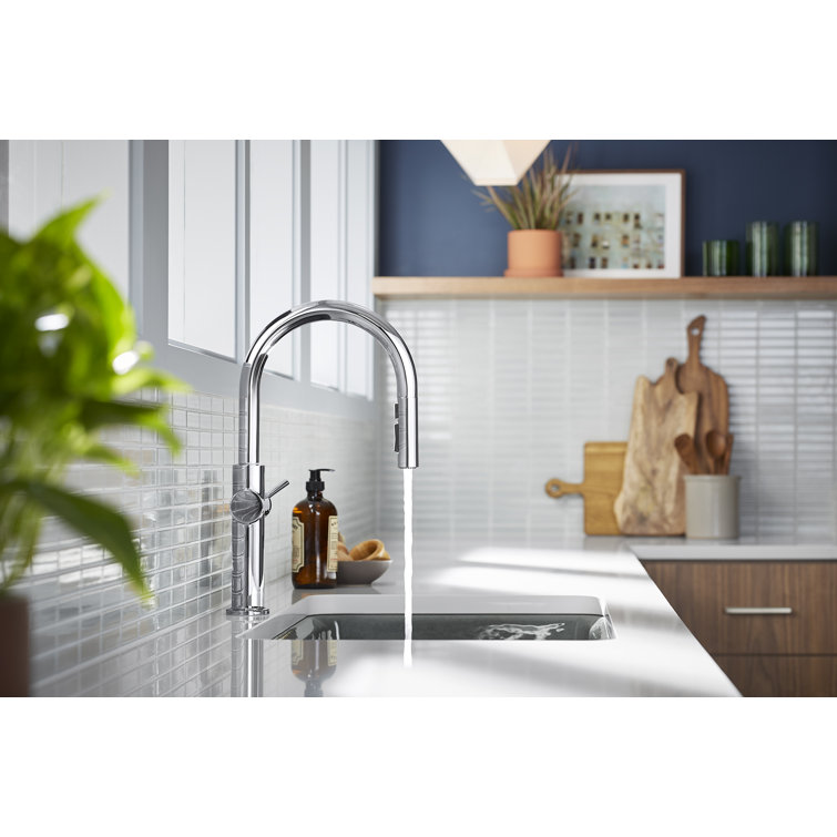 Crue 28.63" Polished Chrome Pull-Down Kitchen Faucet with Three-Function Sprayer