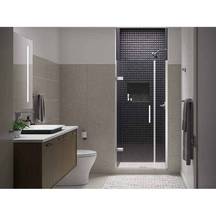 Bright Polished Silver Frameless Pivot Shower Door with Clear Glass