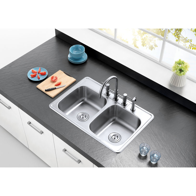 Brushed Stainless Steel Double Bowl Drop-In Kitchen Sink