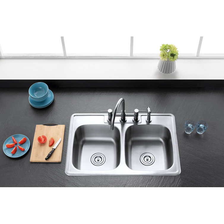 Brushed Stainless Steel Double Bowl Drop-In Kitchen Sink