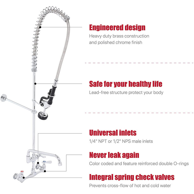 Chrome Wall Mount Pre-Rinse Kitchen Faucet with Pull-Down Sprayer