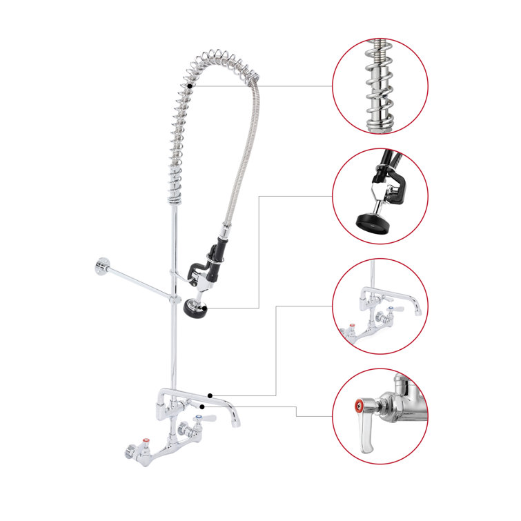 Chrome Wall Mount Pre-Rinse Kitchen Faucet with Pull-Down Sprayer