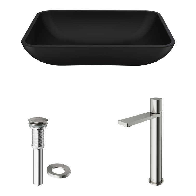 Matte Black Rectangular Glass Vessel Sink with Brushed Nickel Faucet