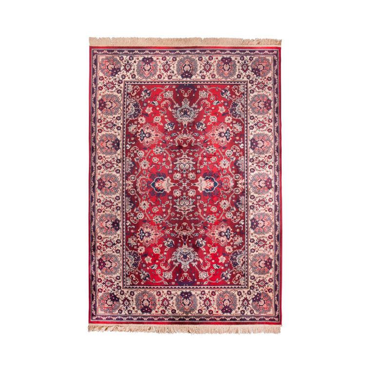 Old Red Rectangular Oriental Cotton and Synthetic Rug