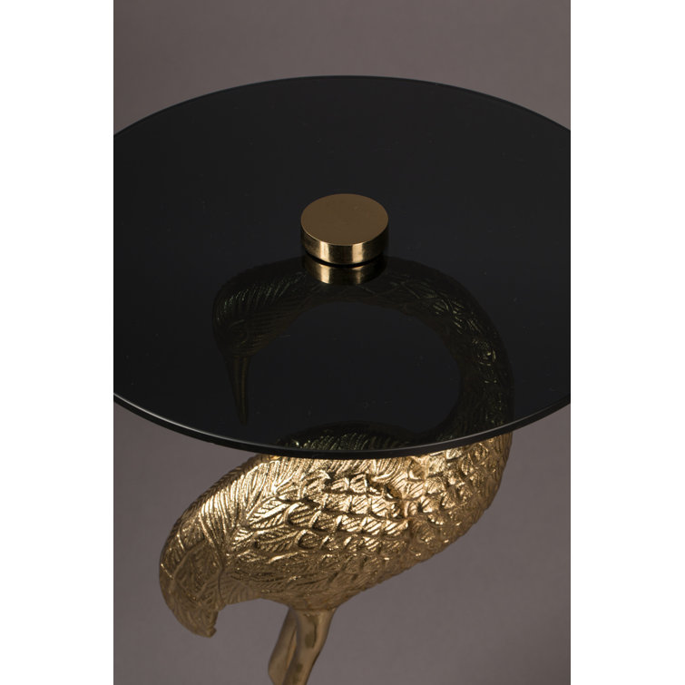 Gold Cast Aluminum Crane Base End Table with Glass Top
