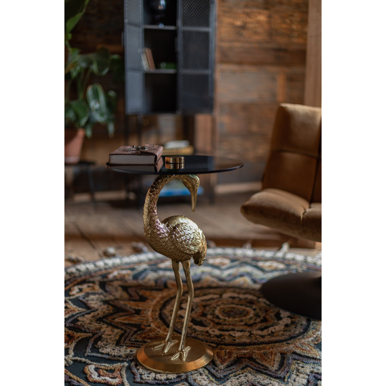 Gold Cast Aluminum Crane Base End Table with Glass Top