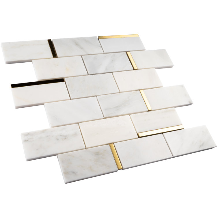 Gold and White Marble Brick Mosaic Wall Tile Sheet