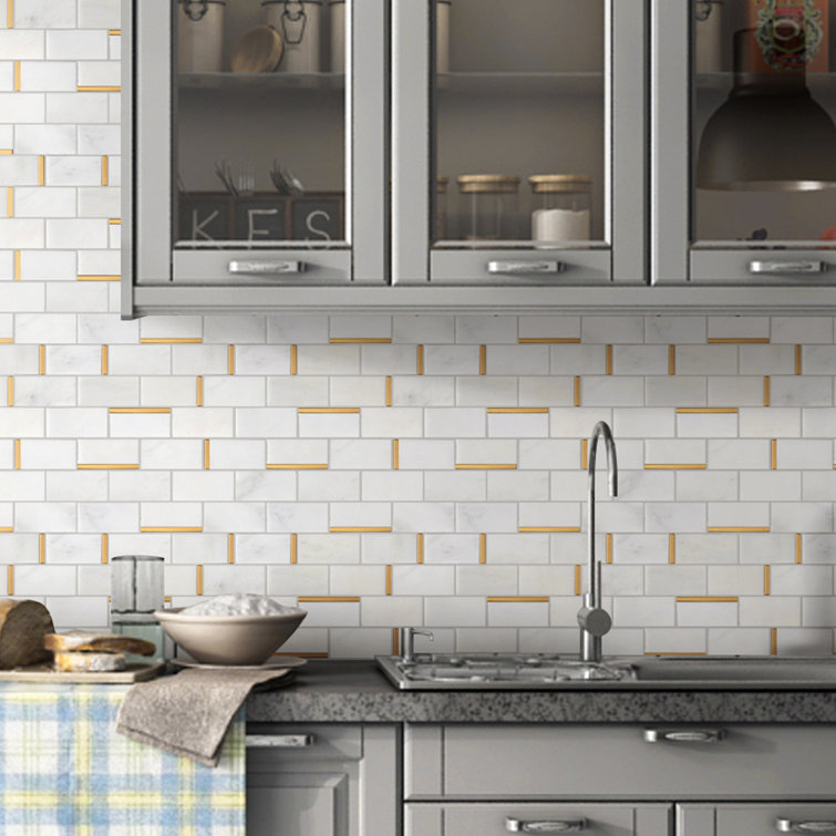 Gold and White Marble Brick Mosaic Wall Tile Sheet