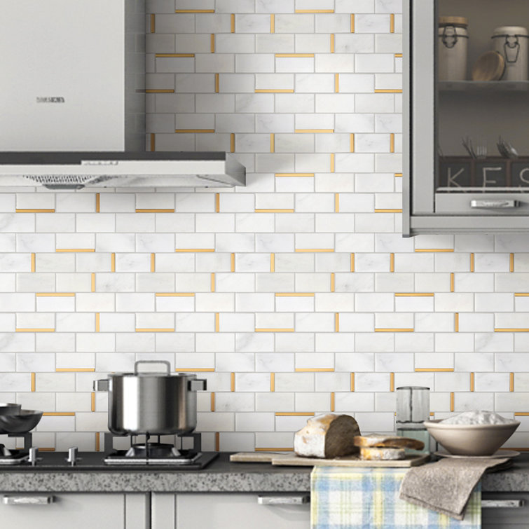 Gold and White Marble Brick Mosaic Wall Tile Sheet