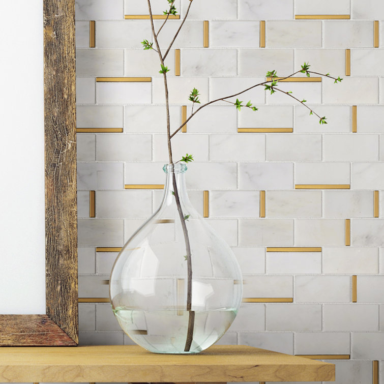 Gold and White Marble Brick Mosaic Wall Tile Sheet