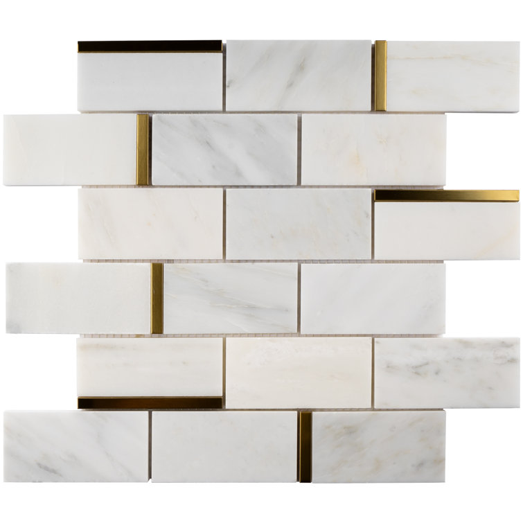 Gold and White Marble Brick Mosaic Wall Tile Sheet