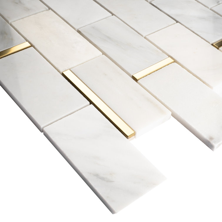 Gold and White Marble Brick Mosaic Wall Tile Sheet