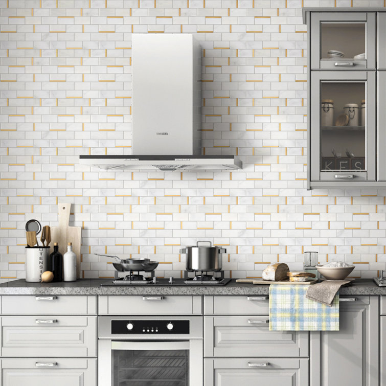 Gold and White Marble Brick Mosaic Wall Tile Sheet