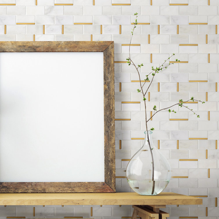 Gold and White Marble Brick Mosaic Wall Tile Sheet