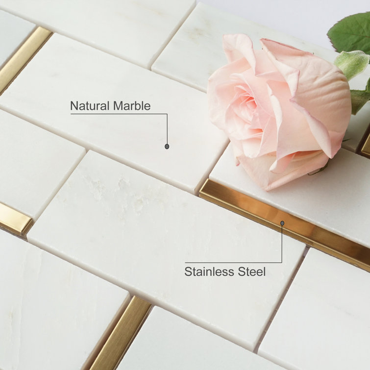 Gold and White Marble Brick Mosaic Wall Tile Sheet