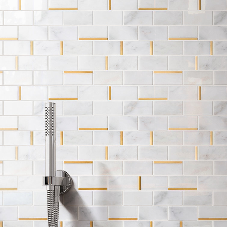 Gold and White Marble Brick Mosaic Wall Tile Sheet