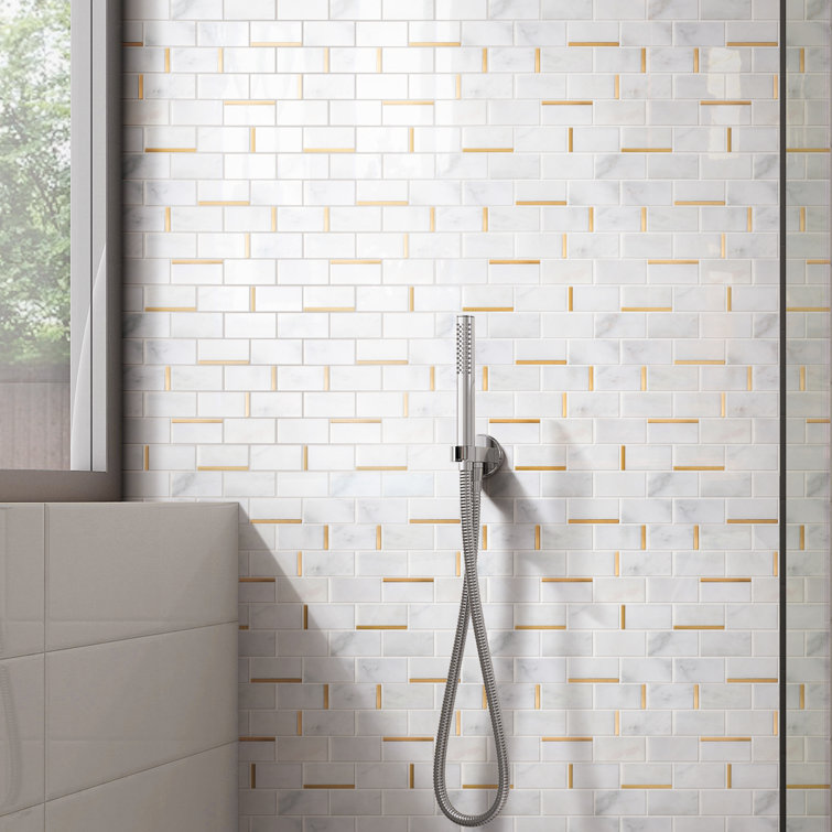 Gold and White Marble Brick Mosaic Wall Tile Sheet