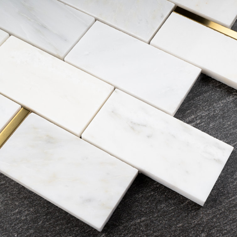 Gold and White Marble Brick Mosaic Wall Tile Sheet