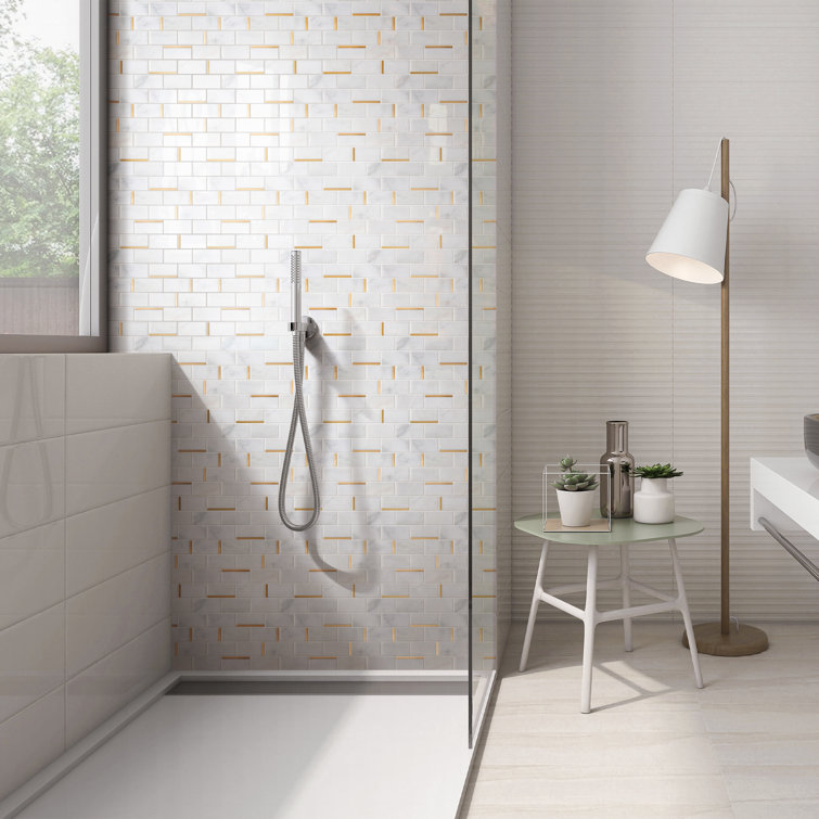 Gold and White Marble Brick Mosaic Wall Tile Sheet