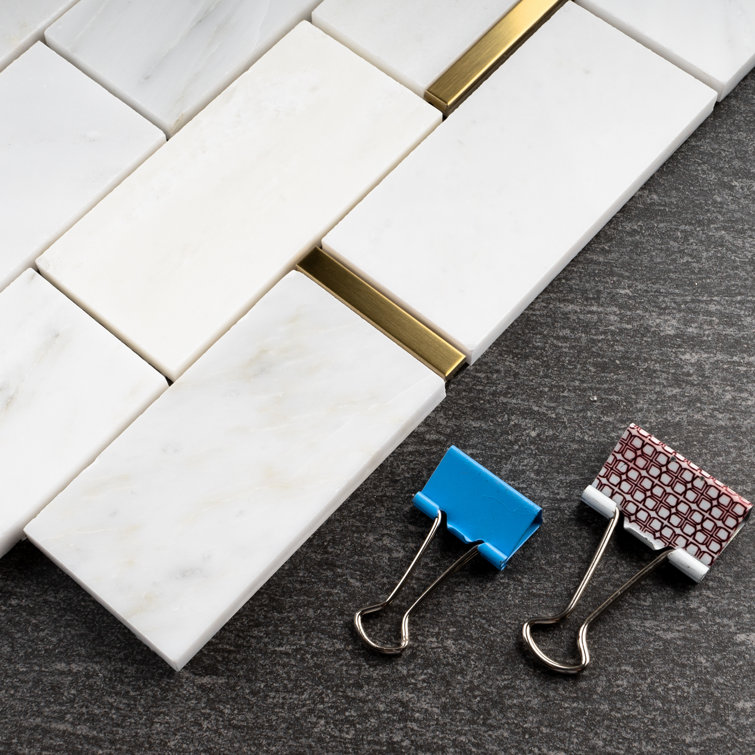 Gold and White Marble Brick Mosaic Wall Tile Sheet