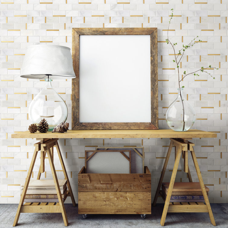 Gold and White Marble Brick Mosaic Wall Tile Sheet