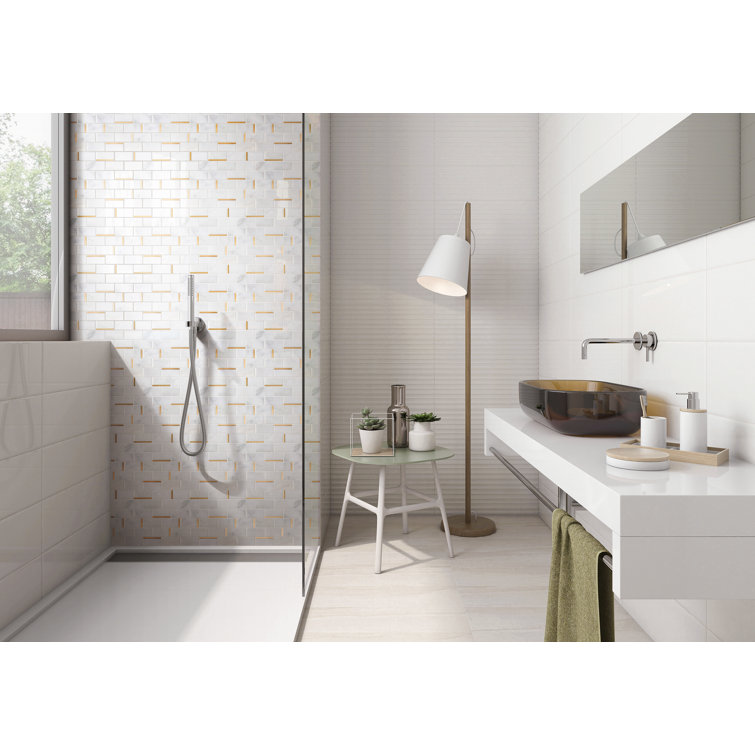 Gold and White Marble Brick Mosaic Wall Tile Sheet