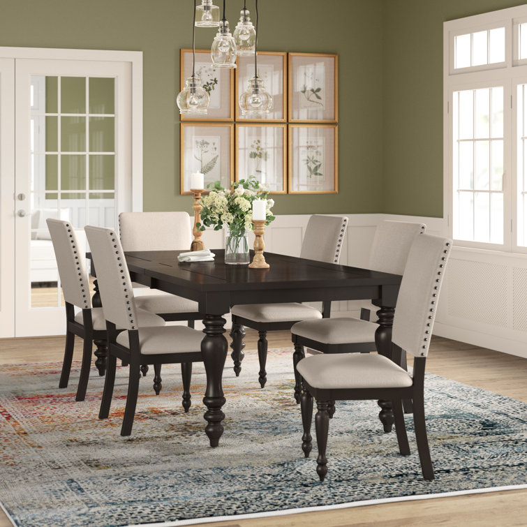 Grayish Brown Extendable Dining Set with Beige Upholstered Chairs