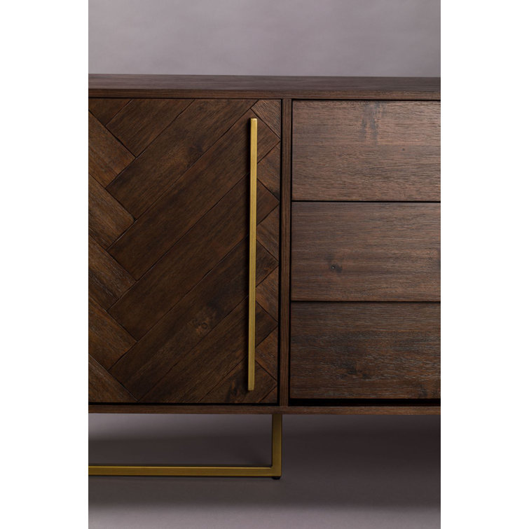 Class 71'' Acacia Wood Herringbone Sideboard with Brass Finish