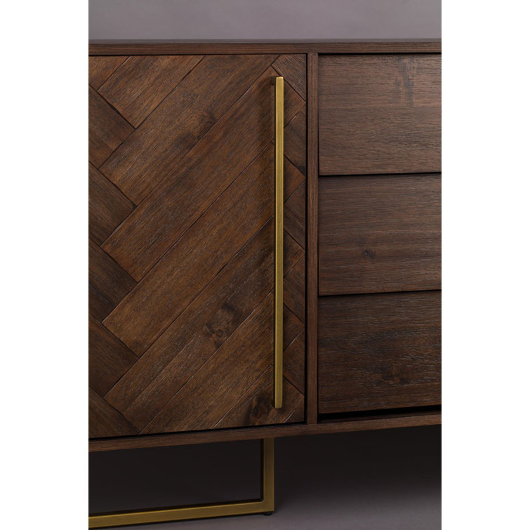 Class 71'' Acacia Wood Herringbone Sideboard with Brass Finish