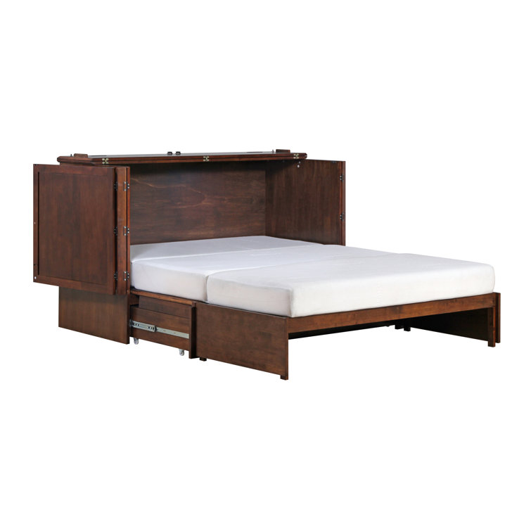 Queen Tobacco Wood Frame Murphy Bed with Storage Drawers