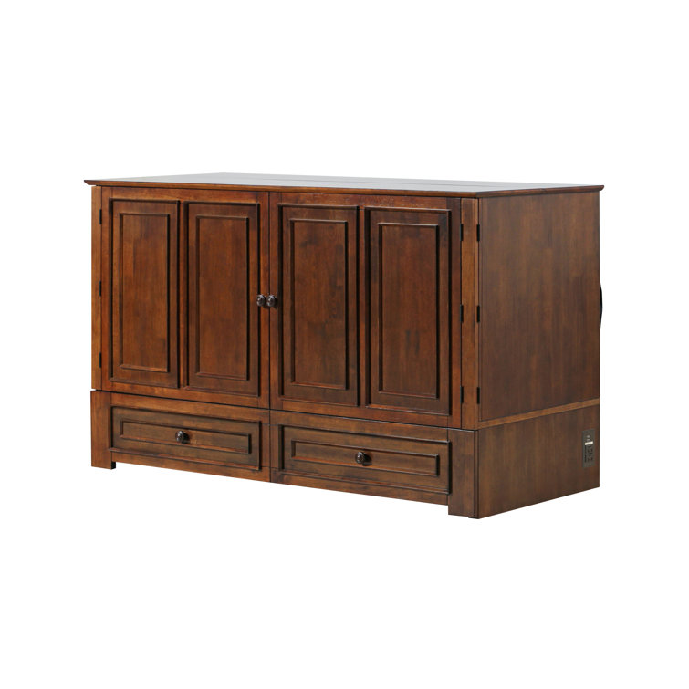 Queen Tobacco Wood Frame Murphy Bed with Storage Drawers