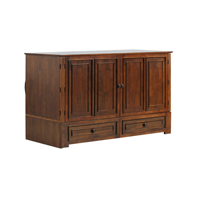 Queen Tobacco Wood Frame Murphy Bed with Storage Drawers