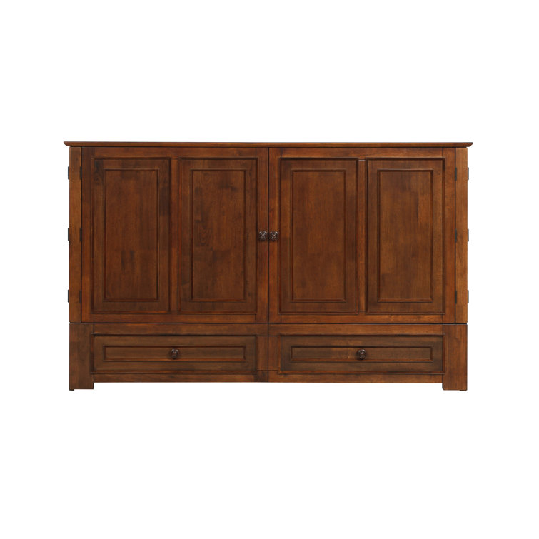 Queen Tobacco Wood Frame Murphy Bed with Storage Drawers