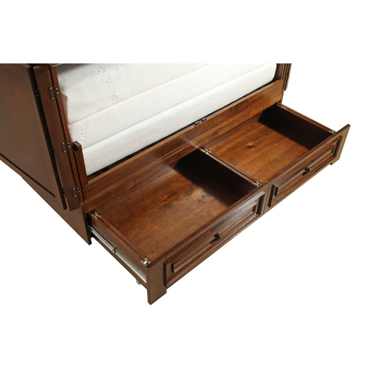Queen Tobacco Wood Frame Murphy Bed with Storage Drawers