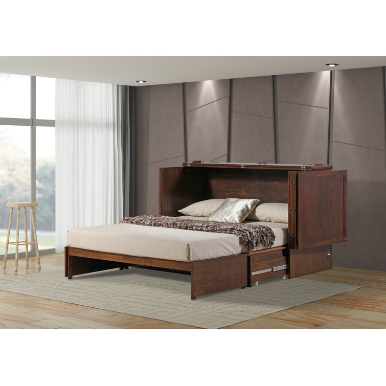Queen Tobacco Wood Frame Murphy Bed with Storage Drawers