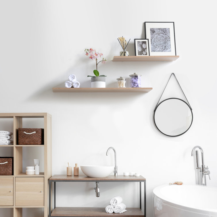 White Ultra Slim Floating Wood Wall Shelves, Set of 2