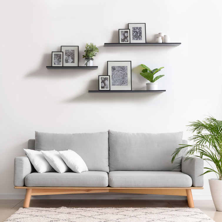White Ultra Slim Floating Wood Wall Shelves, Set of 2
