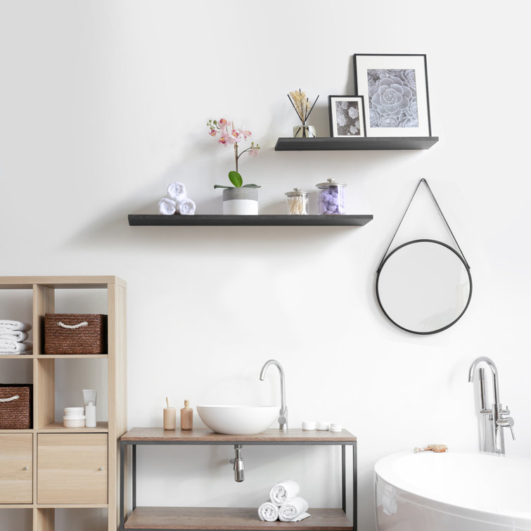 Black Wood Ultra Slim Floating Wall Shelves, 24" Set of 2