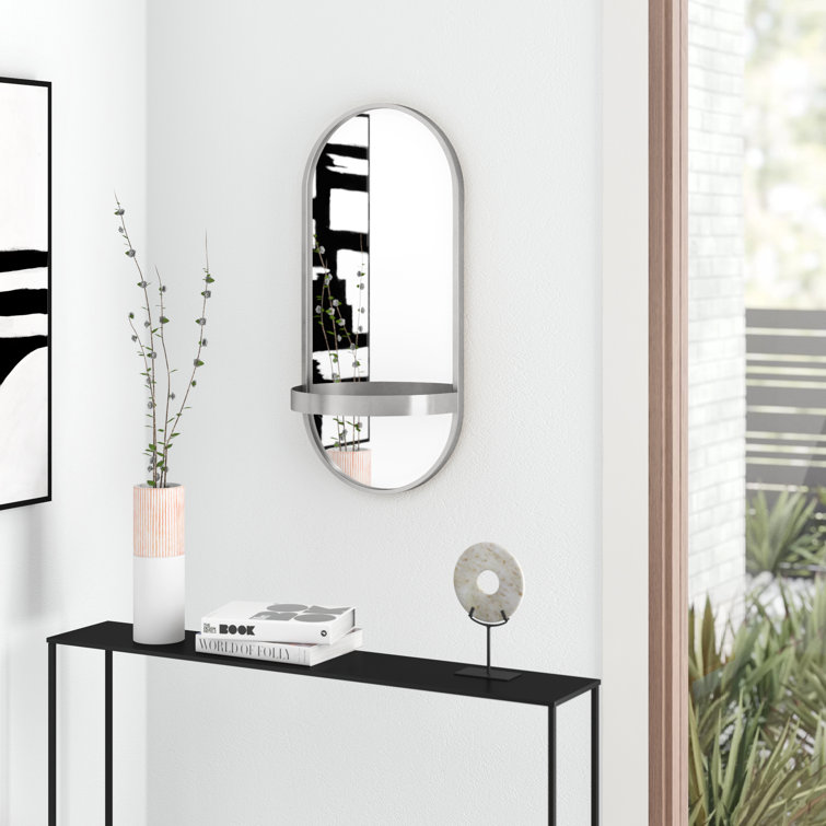 Estero 24"x11" Silver Metal Oval Wall Mirror with Functional Shelf